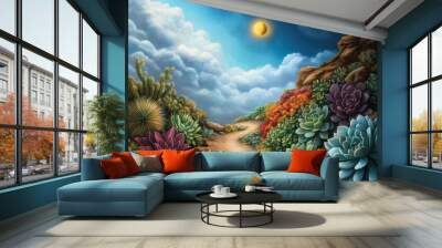 A serene landscape with a colorful path surrounded by vibrant succulents and a bright sun shining through fluffy clouds. Wall mural