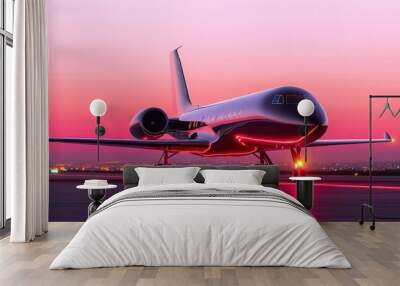 A sleek jet airplane illuminated by colorful sunset skies, showcasing modern aviation technology and beauty in motion. Wall mural