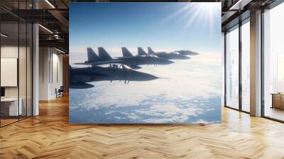 Aerial view of military jets flying in formation against a radiant sun, showcasing power and precision in the open sky. Wall mural