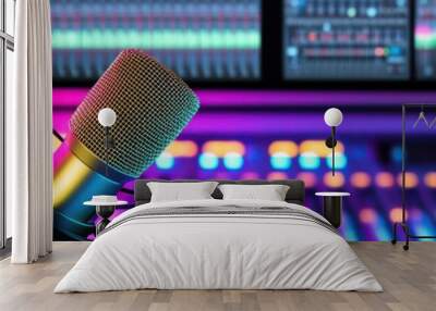 Close-up of a microphone in a vibrant recording studio with colorful lights and audio mixing equipment in the background. Wall mural