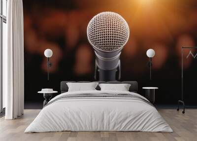 Close-up of a microphone on stage with soft lighting, perfect for music, speeches, or performances, capturing the moment. Wall mural