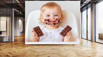 Happy baby enjoys chocolate with a sweet smile, covered in chocolate stains. A joyful moment with delicious treats. Wall mural