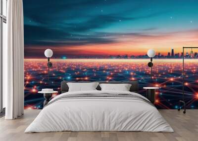 Stunning skyline at dusk with vibrant lights and a digital network overlay, illustrating modern technology and urban life. Wall mural