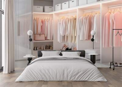 Stylish closet interior featuring neatly arranged clothes, elegant shoes, and organized storage, creating a serene and modern atmosphere. Wall mural