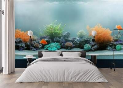 Vibrant aquarium scene filled with colorful fish, lush plants, and rocky decorations, creating a serene underwater environment. Wall mural