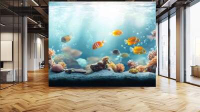 Vibrant underwater scene showcasing colorful fish swimming among coral and bubbles in a serene marine environment. Wall mural