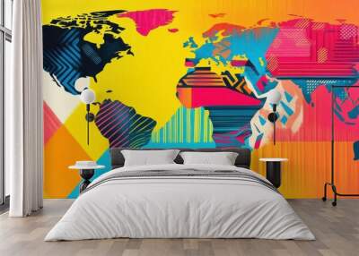 Vibrant world map with colorful geometric patterns, perfect for creative projects, presentations, and educational materials. Wall mural