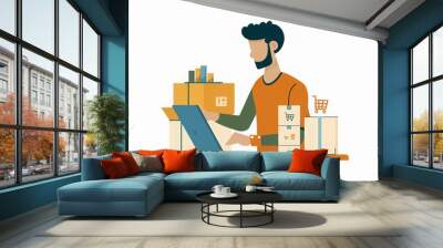 Ecommerce Illustration: Man Working on Laptop with Packages Wall mural