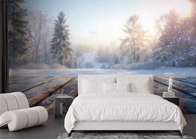 Winter Wonderland: Snowy Forest Background with Wooden Table Wall mural