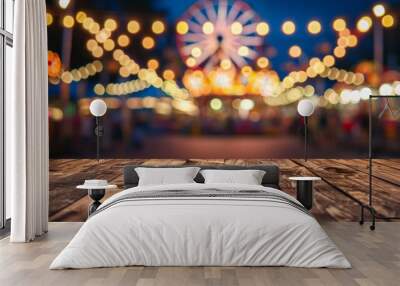 Wooden Table with Blurred Ferris Wheel and Lights at Night Wall mural