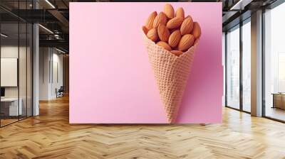 Almond nuts closeup healthy protein for snack or flour organic ingredient on cone wrapped container Wall mural