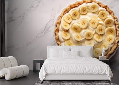 Banana cream pie pastry homemade dessert with topping banana slice flat lay Wall mural