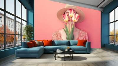 Beauty female holding tulip flower and wearing hat spring fashion style Wall mural