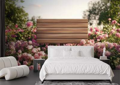 Blank wooden trunk board for label information important in rose flower botanical garden Wall mural