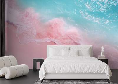 Blue marine water smooth wave with pink sand beach aerial view Wall mural