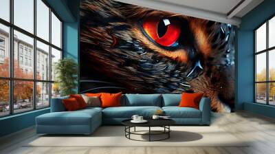 Cat black fur with red eye staring intenly closeup Wall mural