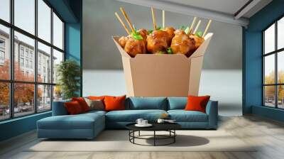 Chicken skewer grilled food on brown paper disposable delivery bowl in white table Wall mural