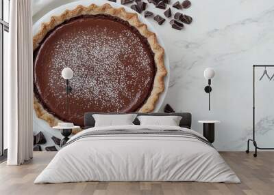 Chocolate cream pie tart cake with whipped cream flat lay copy space background Wall mural