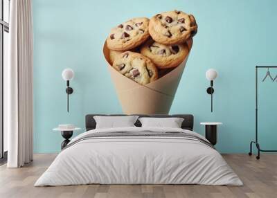 Cookies chocolate chips sweet crunchy snack dessert wrapped brown paper cone Wall mural