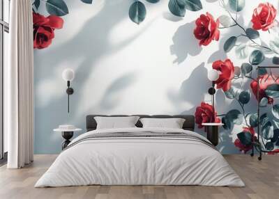 Rose flower on the edge decoration with natural shadow form sun light and white background Wall mural