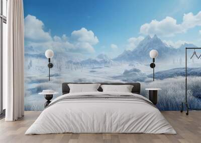 Snow covered landscape with frozen white tree and river winter season sky Wall mural