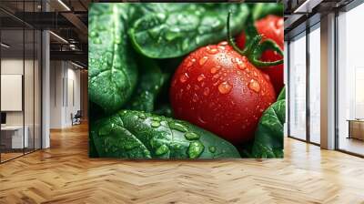 Spinach green closeup leaves and red tomato pattern vegetable agriculture background Wall mural