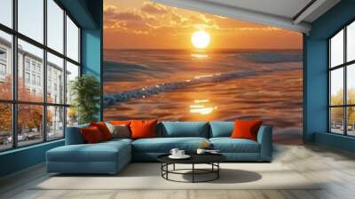 Sunset beauty horizon sky on ocean water with reflection light marine surface story background Wall mural