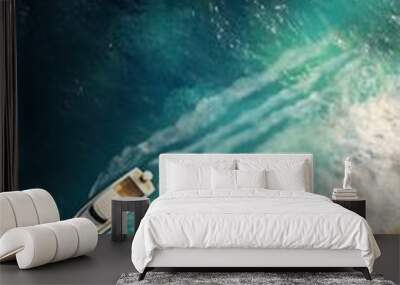 Top of view beach blue marine water wave and boat holiday transport Wall mural