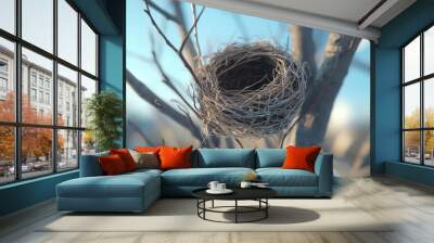 twig animal nest in tree new born house habitat with blue sky blurred background Wall mural