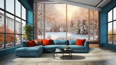 Winter view from window blurred background and sunlight on glass, AI Generated Wall mural