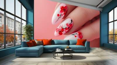 Young female hand wearing nail polish spring flower paint look beauty Wall mural