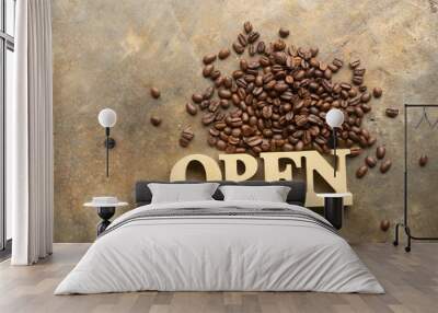 Decorative letters word open with coffee bean on texture background for cafe. Wall mural