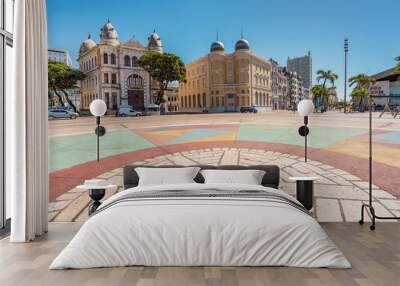 Panoramic view of Architecture in Marco Zero (Ground Zero) Square at Ancient Recife district with buildings dated from the 17th century Wall mural