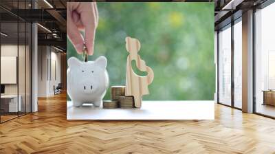 Pregnant woman with piggy bank and gold coin money on natural green background,Save money for prepare in future and newborn baby concept Wall mural