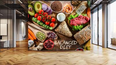 A variety of food products representing balanced diet Wall mural