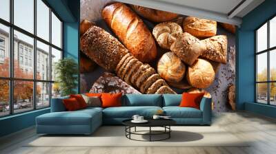 Assorted bakery products including loafs of bread and rolls Wall mural