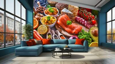 Assorted food products on kitchen table Wall mural