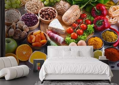 Assorted organic food products on the table Wall mural