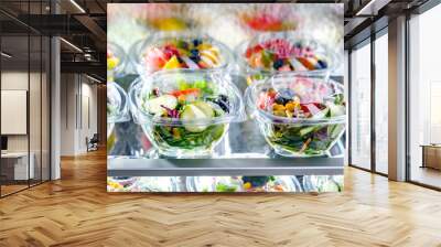 Boxes with fruit and vegetable salads in a commercial fridge Wall mural