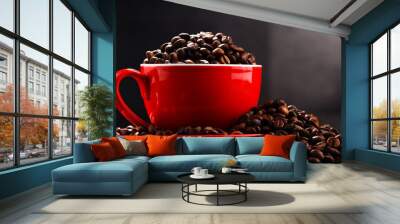 Composition with red cup of coffee and beans Wall mural