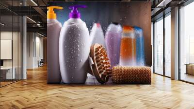 Different containers of body care products in the bathroom Wall mural