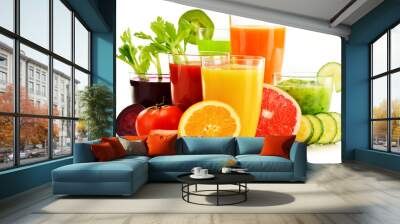 glasses with fresh organic vegetable and fruit juices on white Wall mural