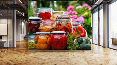 Jars of pickled vegetables and fruits in the garden Wall mural