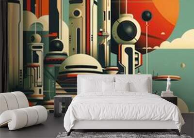 A digital painting of a retro futuristic city with a large moon in the background Wall mural