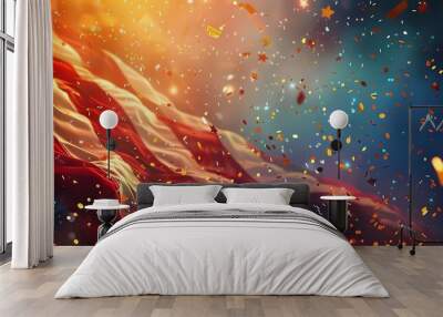 Abstract red and white fabric with golden confetti falling from a bright sky. Wall mural