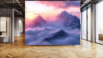 A breathtaking mountain landscape at sunset, showcasing vibrant colors and mystical clouds enveloping towering peaks. Wall mural