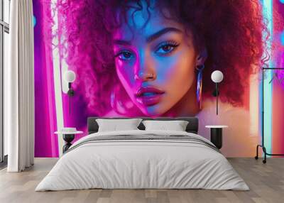 A captivating portrait of a stylish woman with curly hair illuminated by vibrant neon lights, showcasing beauty and bold fashion. Wall mural