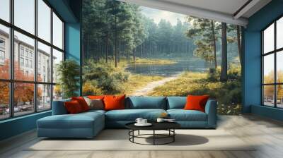 A serene forest landscape featuring a tranquil lake, lush greenery, and a winding path that invites exploration and peace. Wall mural