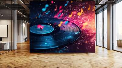 A vibrant vinyl record with colorful music notes surrounding it, capturing the essence of sound and rhythm in a dynamic visual. Wall mural