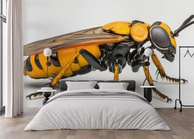 Close-up of a vibrant yellow and black bee showcasing intricate details of its body and wings against a pale background. Wall mural